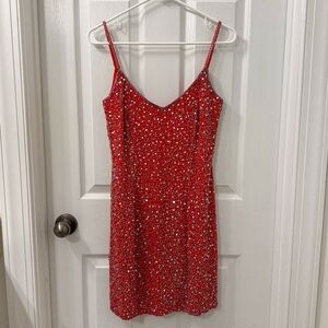 Sequin Beaded V-Neck Bodycon Silk Sleeveless Mini Dress Size S Red Glam Cocktail
